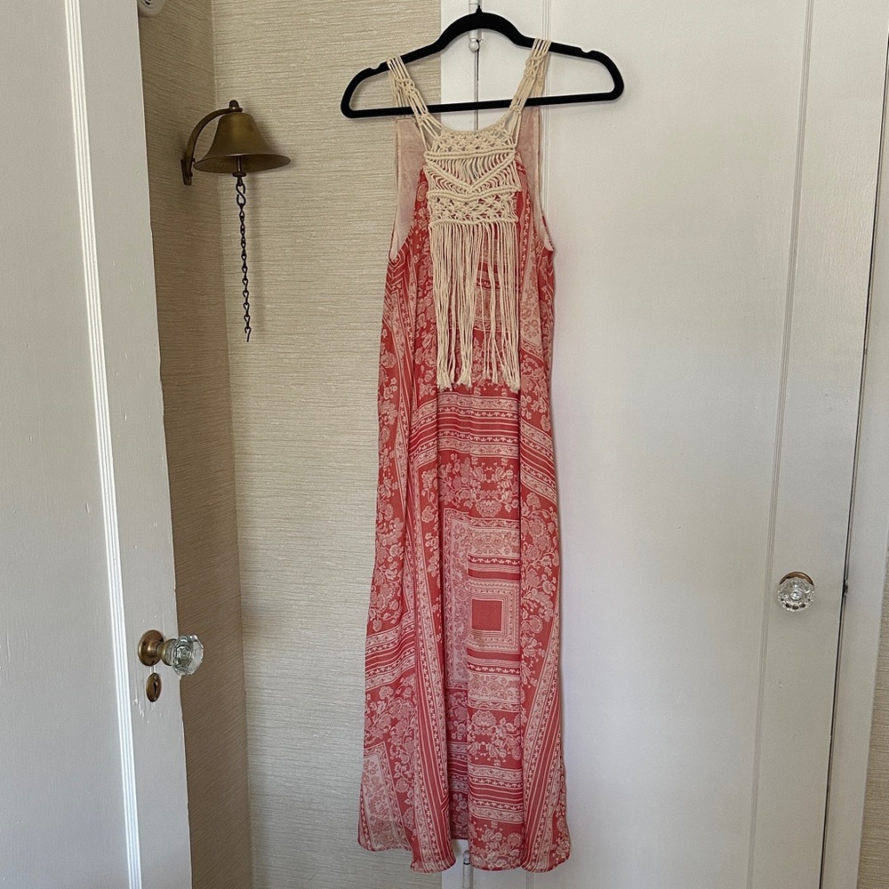 Bohemian Red Maxi Dress with Fringe Detail
